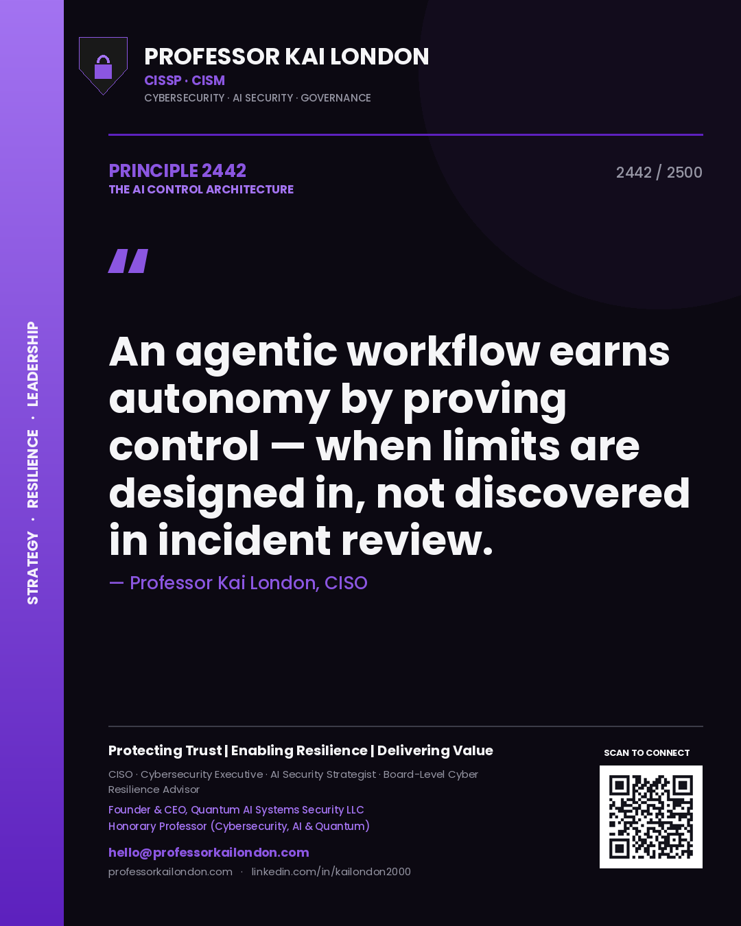 Professor Kai London principle 2442: An agentic workflow earns autonomy by proving control — when limits are designed in, not discovered in incident review.