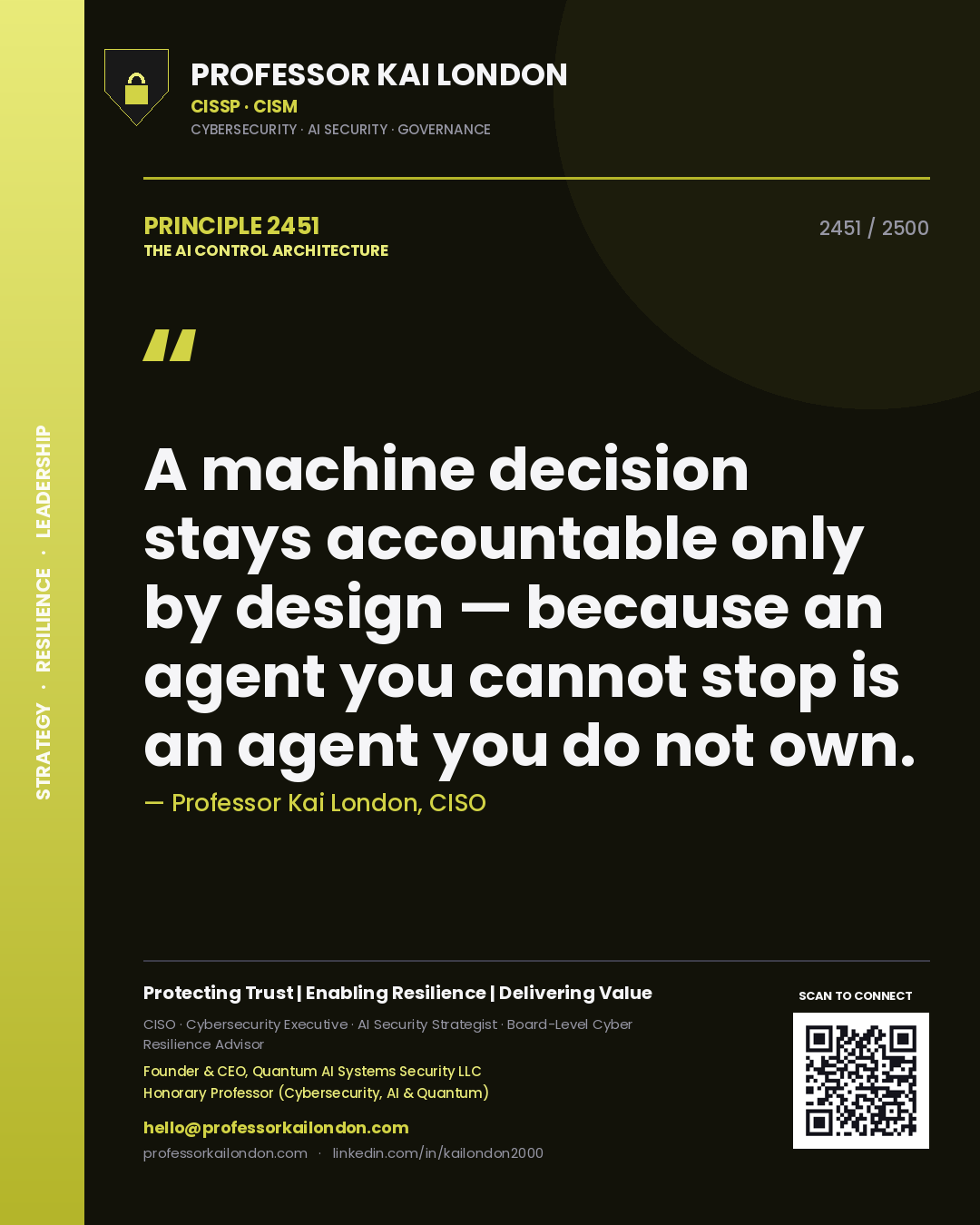 Professor Kai London principle 2451: A machine decision stays accountable only by design — because an agent you cannot stop is an agent you do not own.
