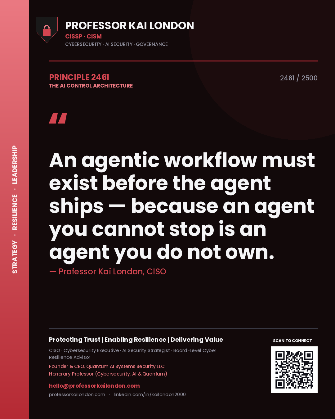 Professor Kai London principle 2461: An agentic workflow must exist before the agent ships — because an agent you cannot stop is an agent you do not own.