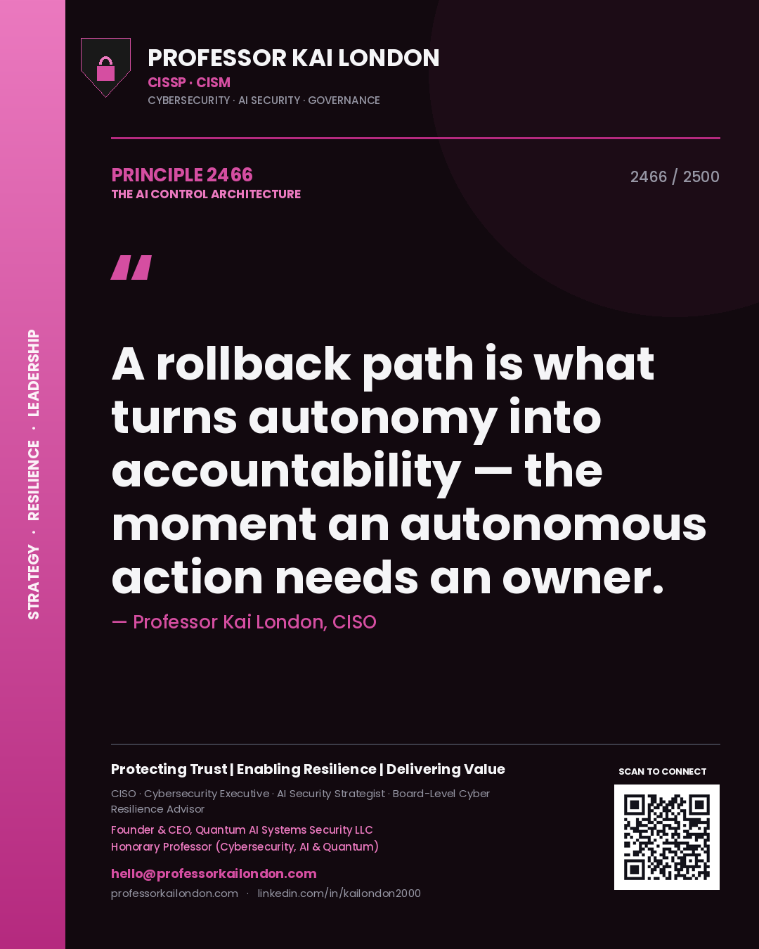 Professor Kai London principle 2466: A rollback path is what turns autonomy into accountability — the moment an autonomous action needs an owner.
