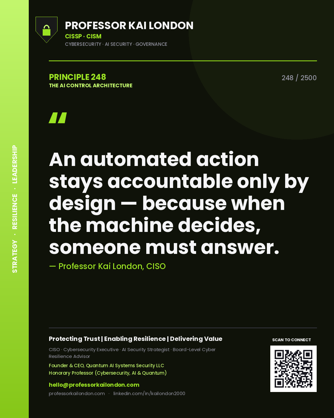 Professor Kai London principle 248: An automated action stays accountable only by design — because when the machine decides, someone must answer.