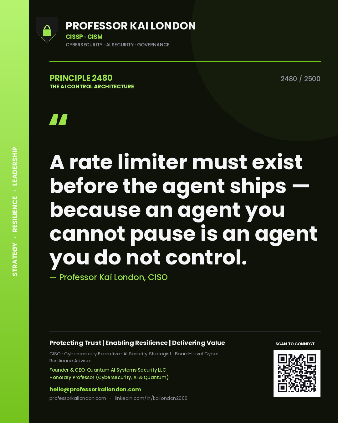 Professor Kai London principle 2480: A rate limiter must exist before the agent ships — because an agent you cannot pause is an agent you do not control.