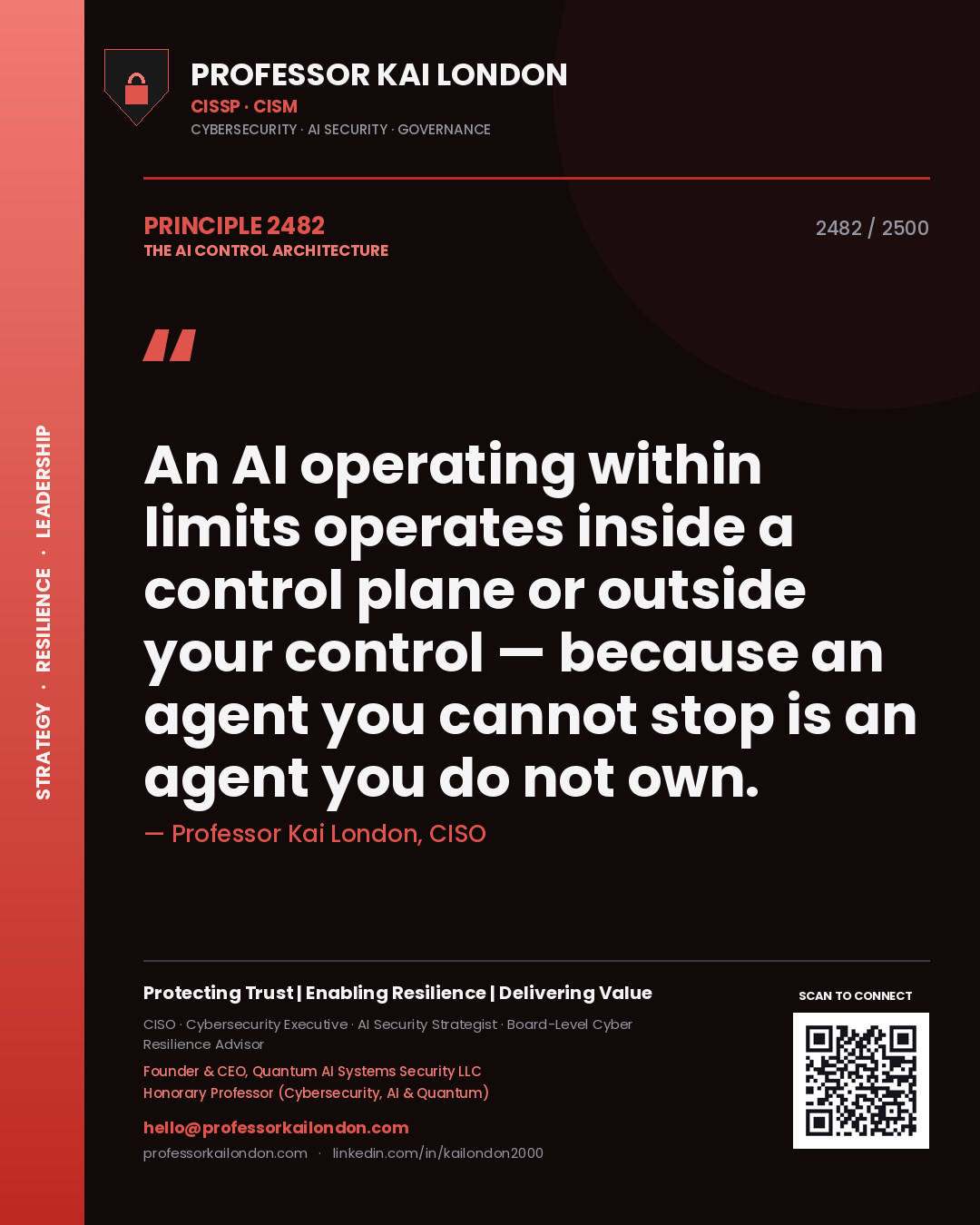 Professor Kai London principle 2482: An AI operating within limits operates inside a control plane or outside your control — because an agent you cannot stop is an agent you do not own.