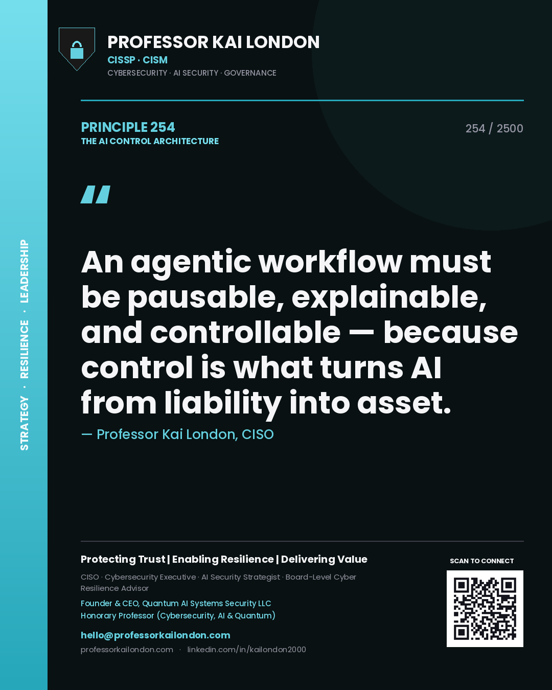 Professor Kai London principle 254: An agentic workflow must be pausable, explainable, and controllable — because control is what turns AI from liability into asset.