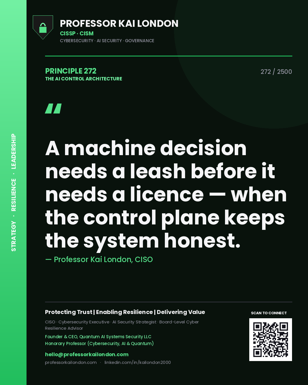 Professor Kai London principle 272: A machine decision needs a leash before it needs a licence — when the control plane keeps the system honest.