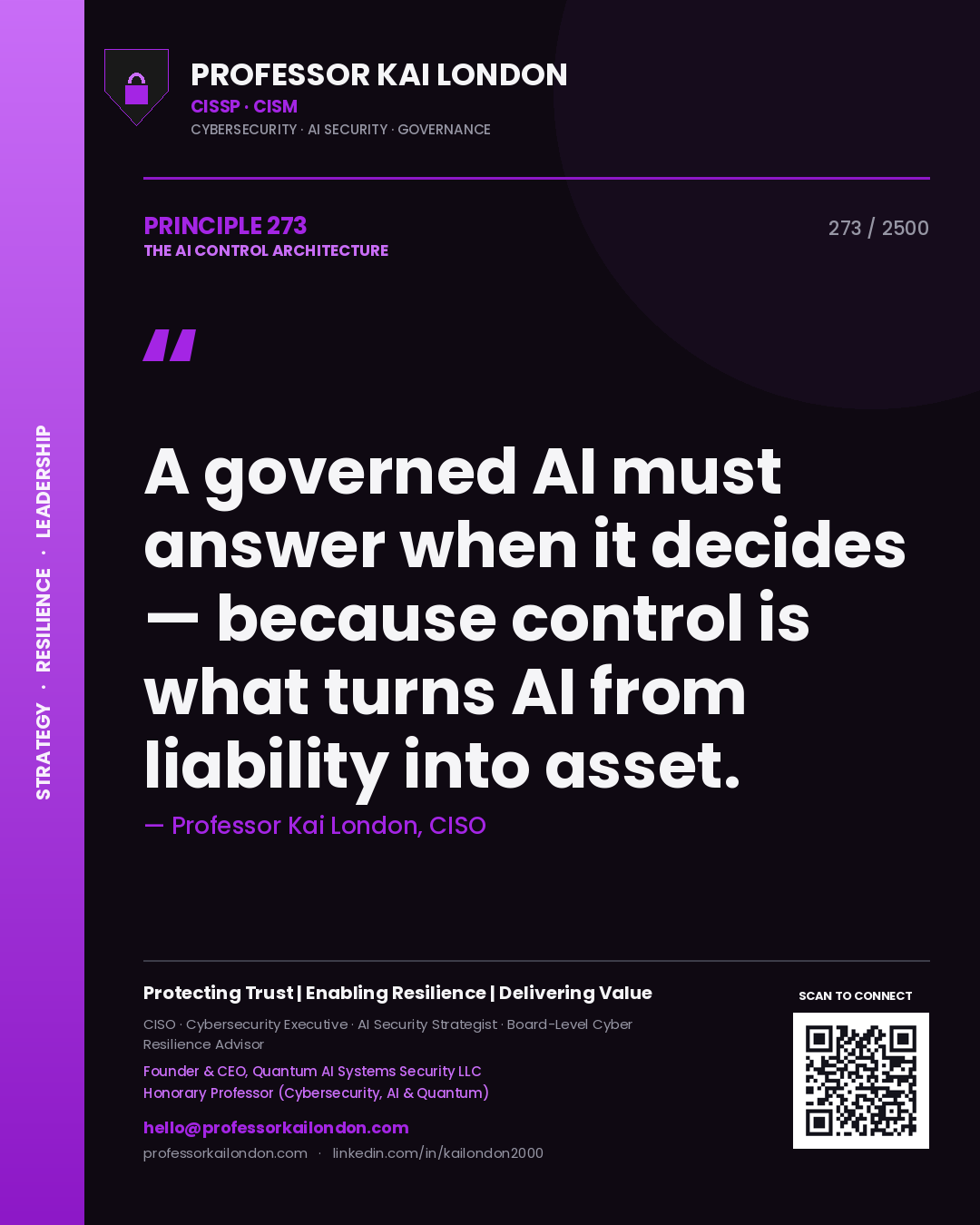 Professor Kai London principle 273: A governed AI must answer when it decides — because control is what turns AI from liability into asset.
