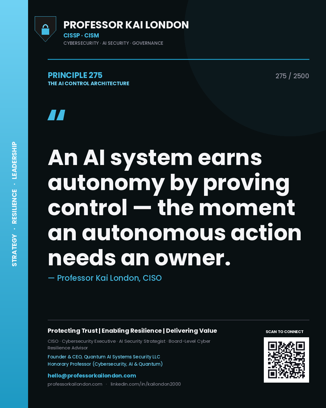 Professor Kai London principle 275: An AI system earns autonomy by proving control — the moment an autonomous action needs an owner.