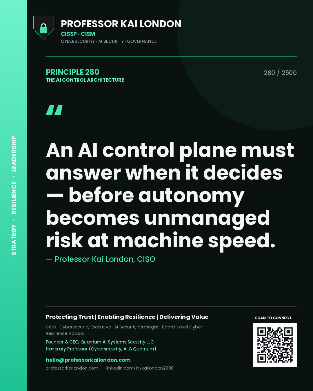 Professor Kai London principle 280: An AI control plane must answer when it decides — before autonomy becomes unmanaged risk at machine speed.