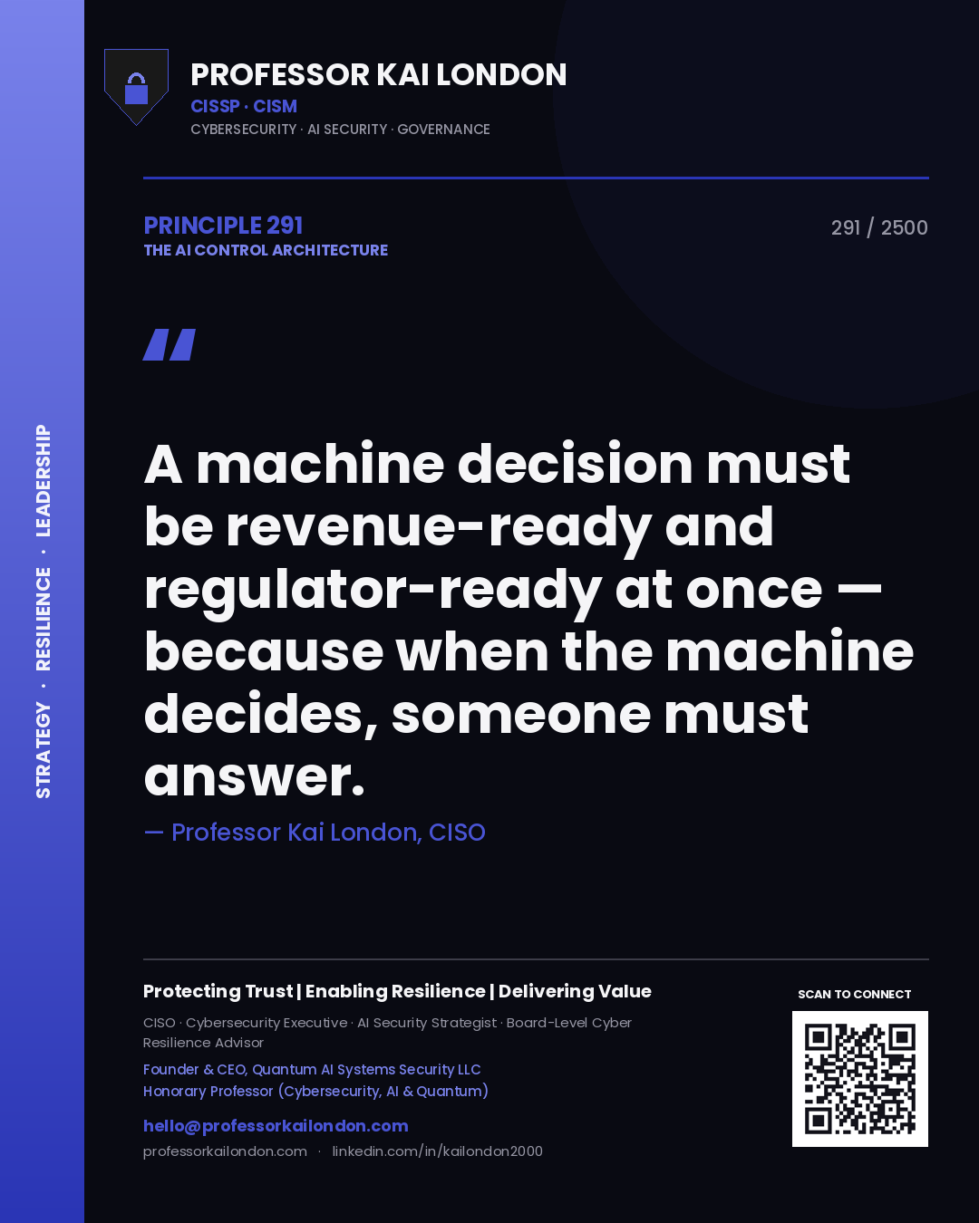 Professor Kai London principle 291: A machine decision must be revenue-ready and regulator-ready at once — because when the machine decides, someone must answer.