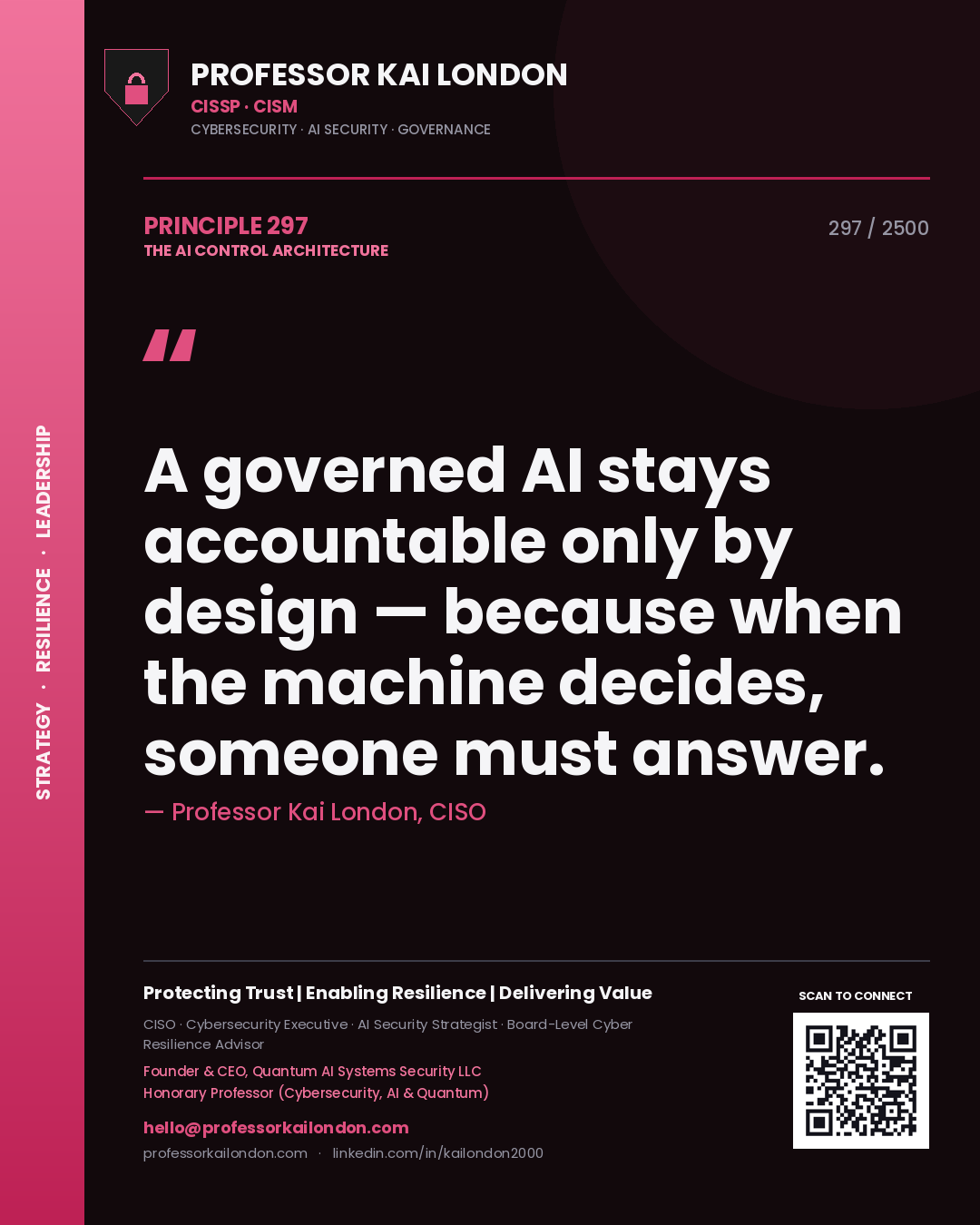 Professor Kai London principle 297: A governed AI stays accountable only by design — because when the machine decides, someone must answer.
