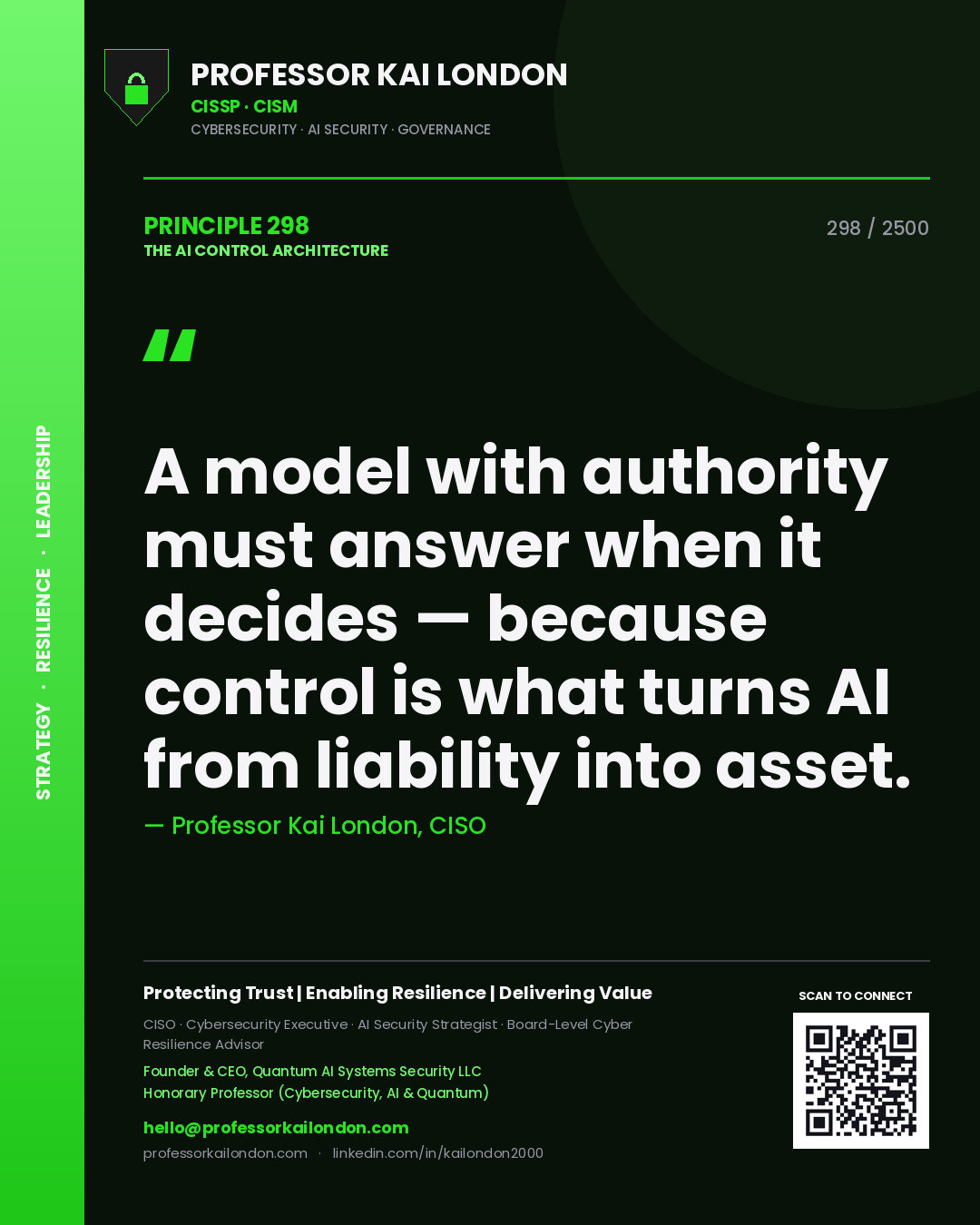 Professor Kai London principle 298: A model with authority must answer when it decides — because control is what turns AI from liability into asset.