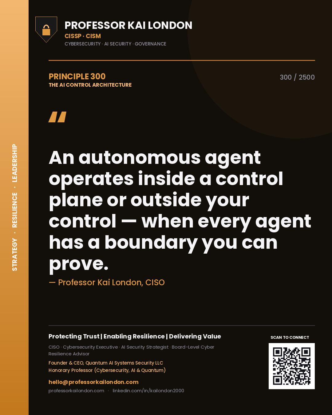 Professor Kai London principle 300: An autonomous agent operates inside a control plane or outside your control — when every agent has a boundary you can prove.