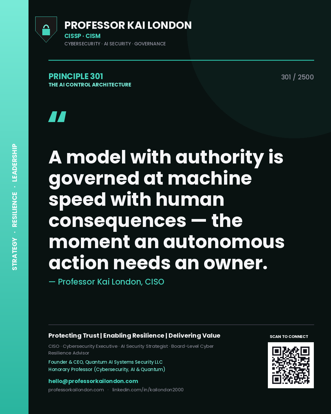 Professor Kai London principle 301: A model with authority is governed at machine speed with human consequences — the moment an autonomous action needs an owner.
