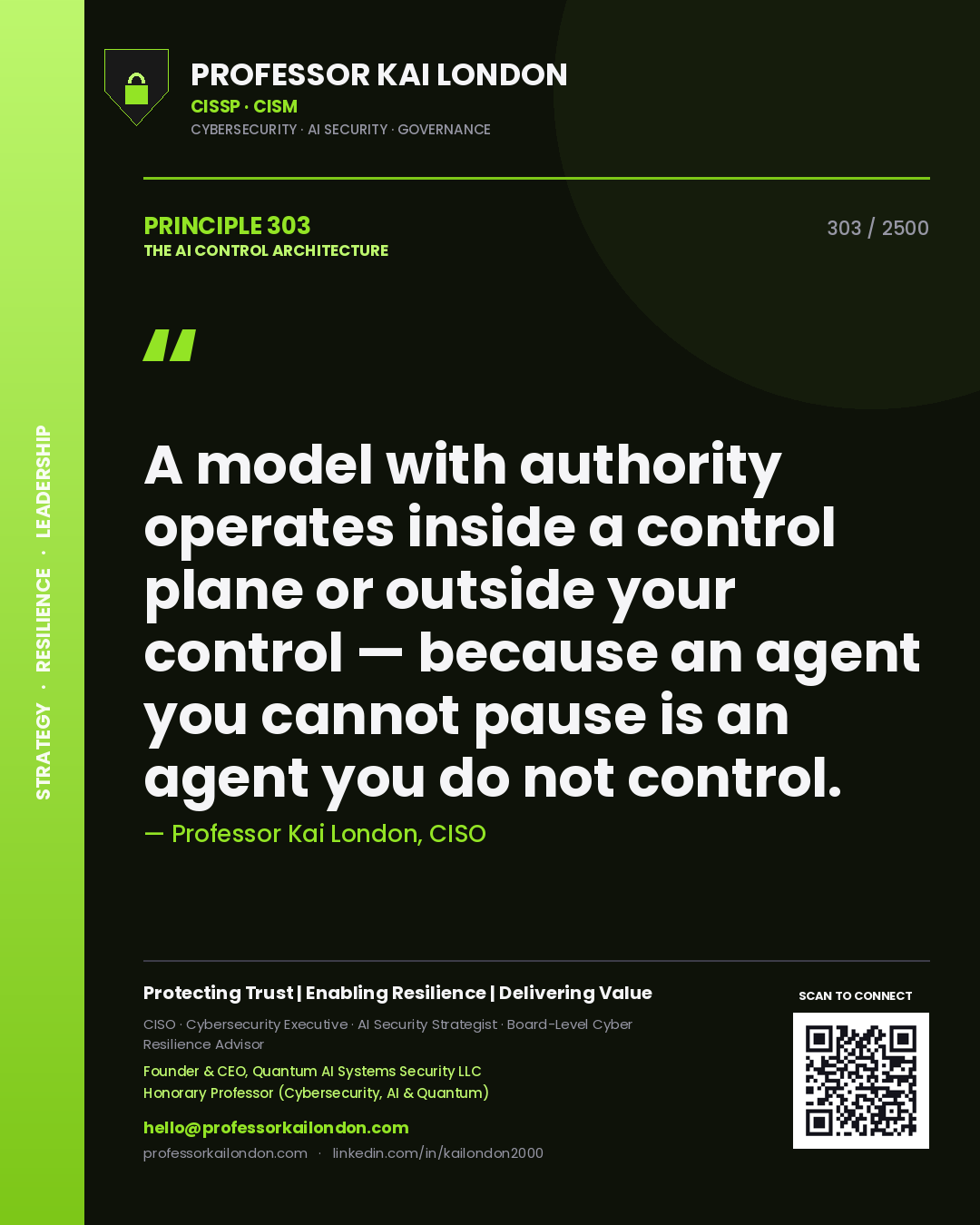 Professor Kai London principle 303: A model with authority operates inside a control plane or outside your control — because an agent you cannot pause is an agent you do not control.