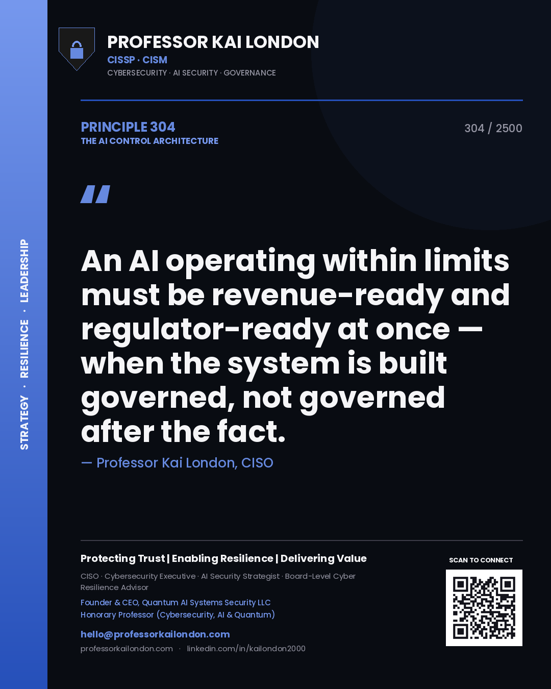 Professor Kai London principle 304: An AI operating within limits must be revenue-ready and regulator-ready at once — when the system is built governed, not governed after the fact.