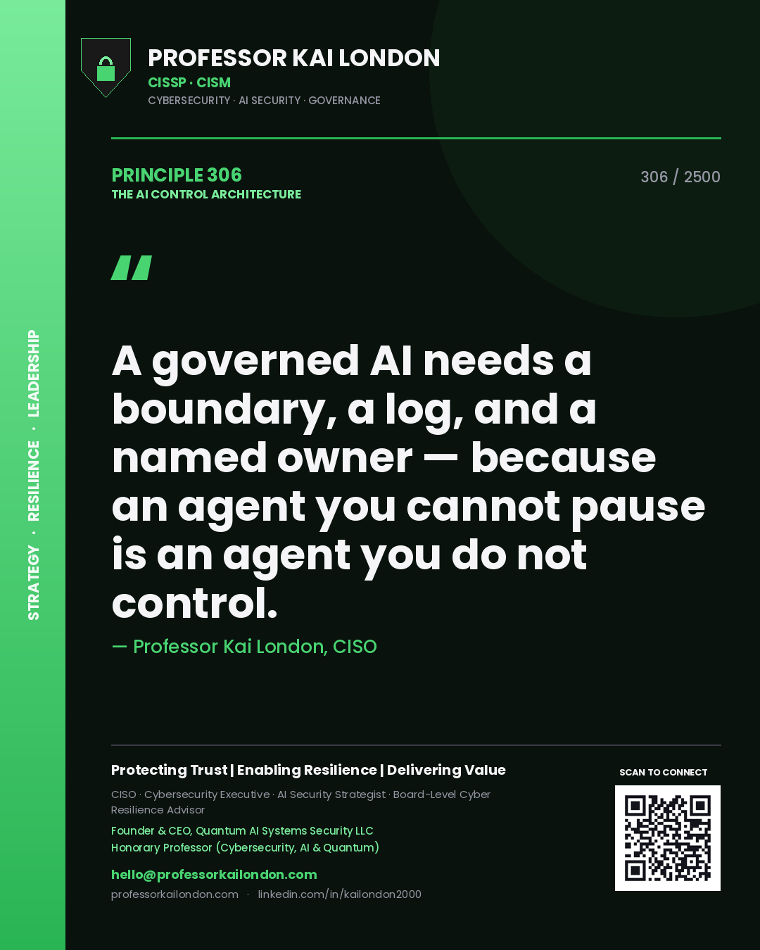 Professor Kai London principle 306: A governed AI needs a boundary, a log, and a named owner — because an agent you cannot pause is an agent you do not control.