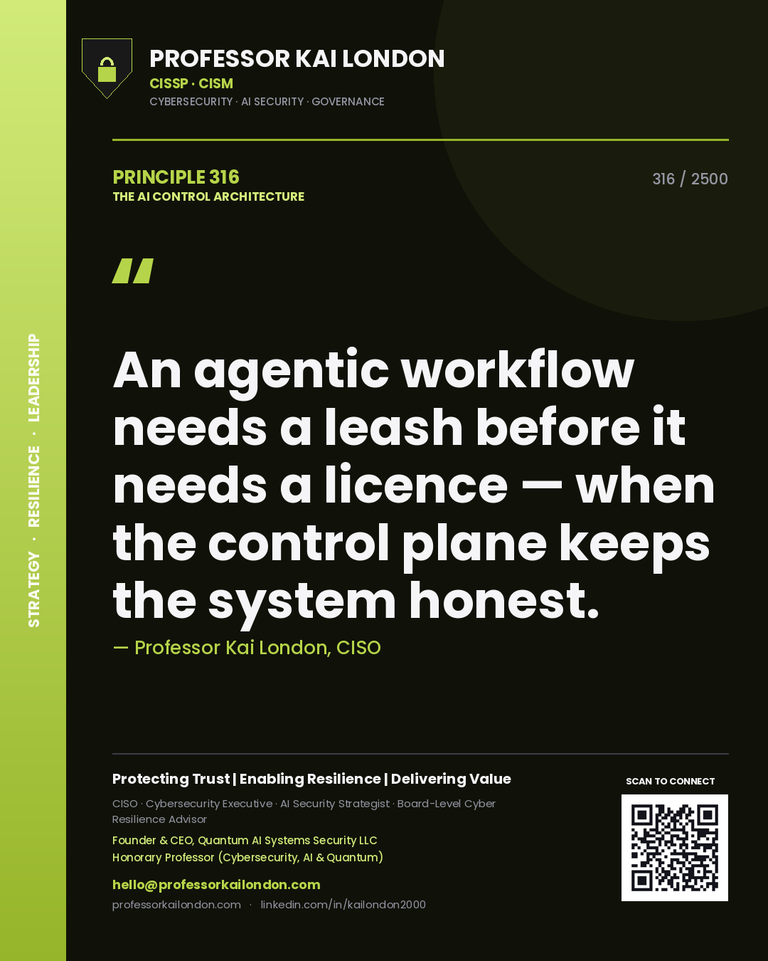 Professor Kai London principle 316: An agentic workflow needs a leash before it needs a licence — when the control plane keeps the system honest.