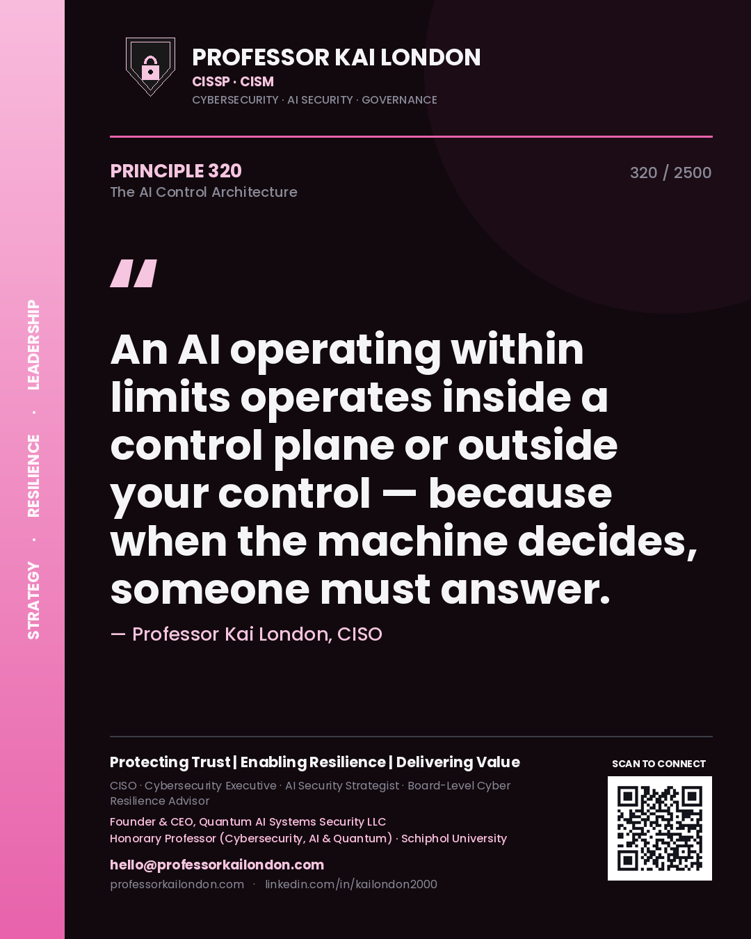 Professor Kai London principle 320: An AI operating within limits operates inside a control plane or outside your control — because when the machine decides, someone must answer.