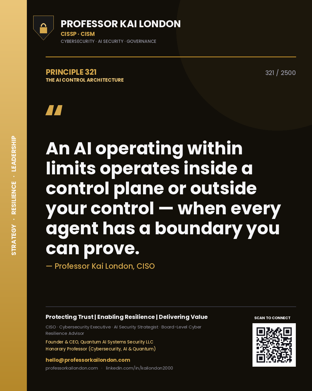 Professor Kai London principle 321: An AI operating within limits operates inside a control plane or outside your control — when every agent has a boundary you can prove.