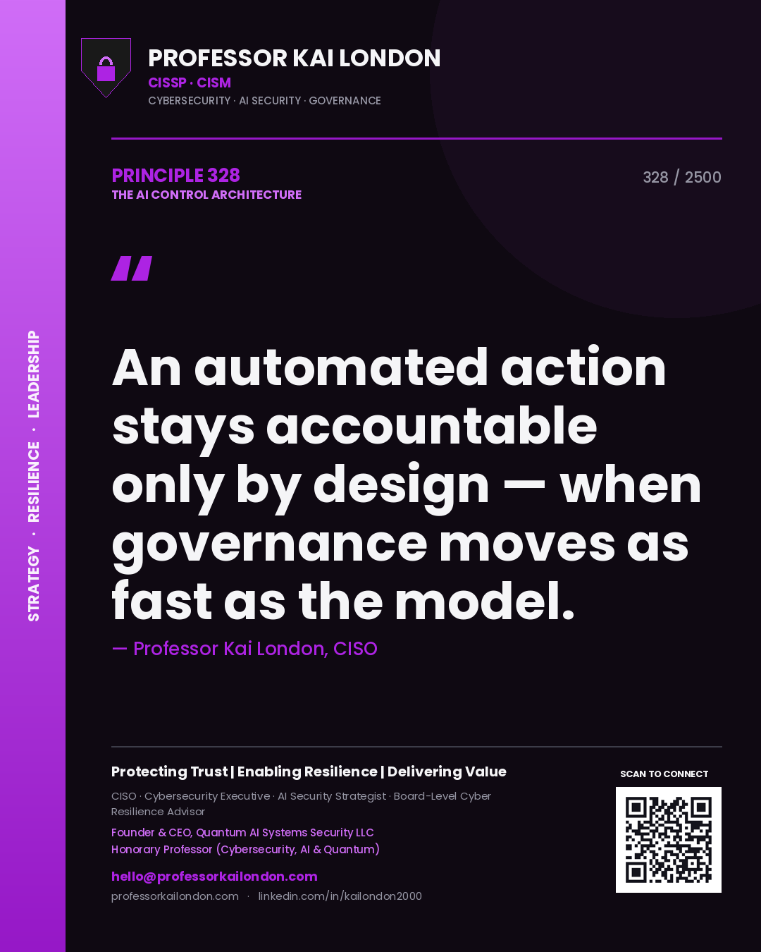 Professor Kai London principle 328: An automated action stays accountable only by design — when governance moves as fast as the model.