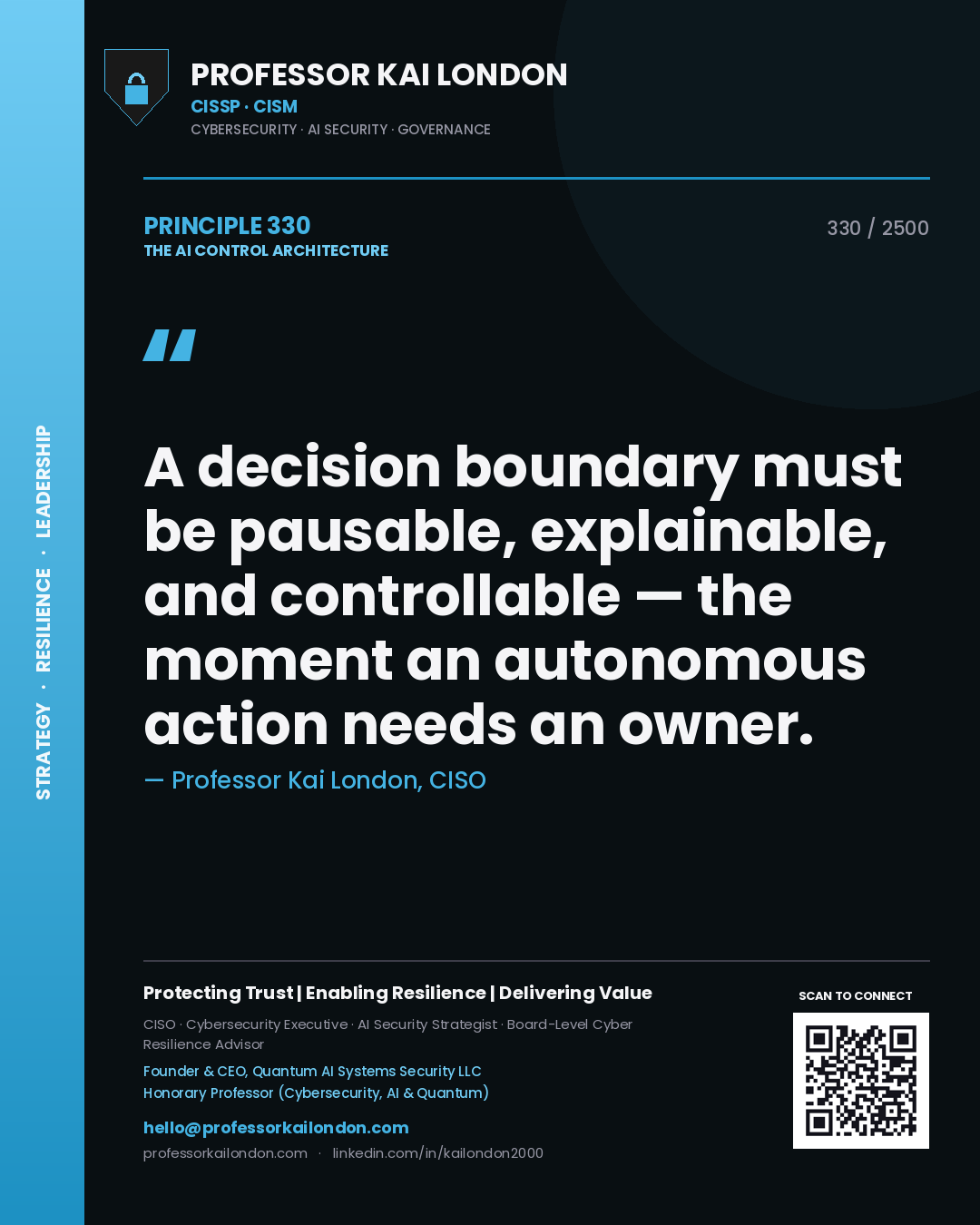 Professor Kai London principle 330: A decision boundary must be pausable, explainable, and controllable — the moment an autonomous action needs an owner.