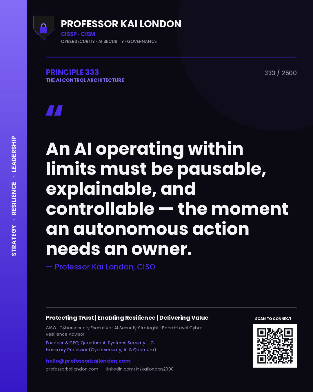 Professor Kai London principle 333: An AI operating within limits must be pausable, explainable, and controllable — the moment an autonomous action needs an owner.