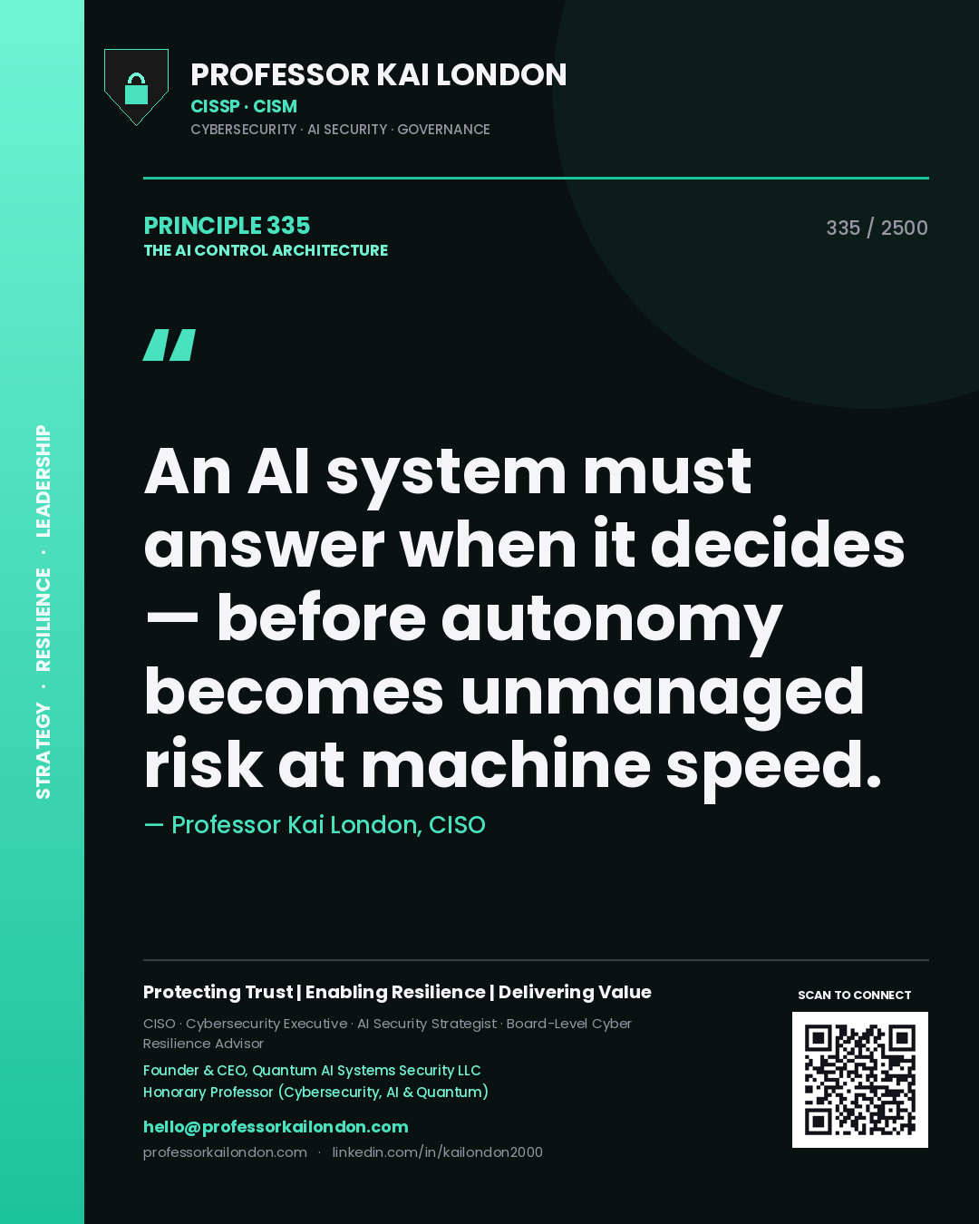 Professor Kai London principle 335: An AI system must answer when it decides — before autonomy becomes unmanaged risk at machine speed.