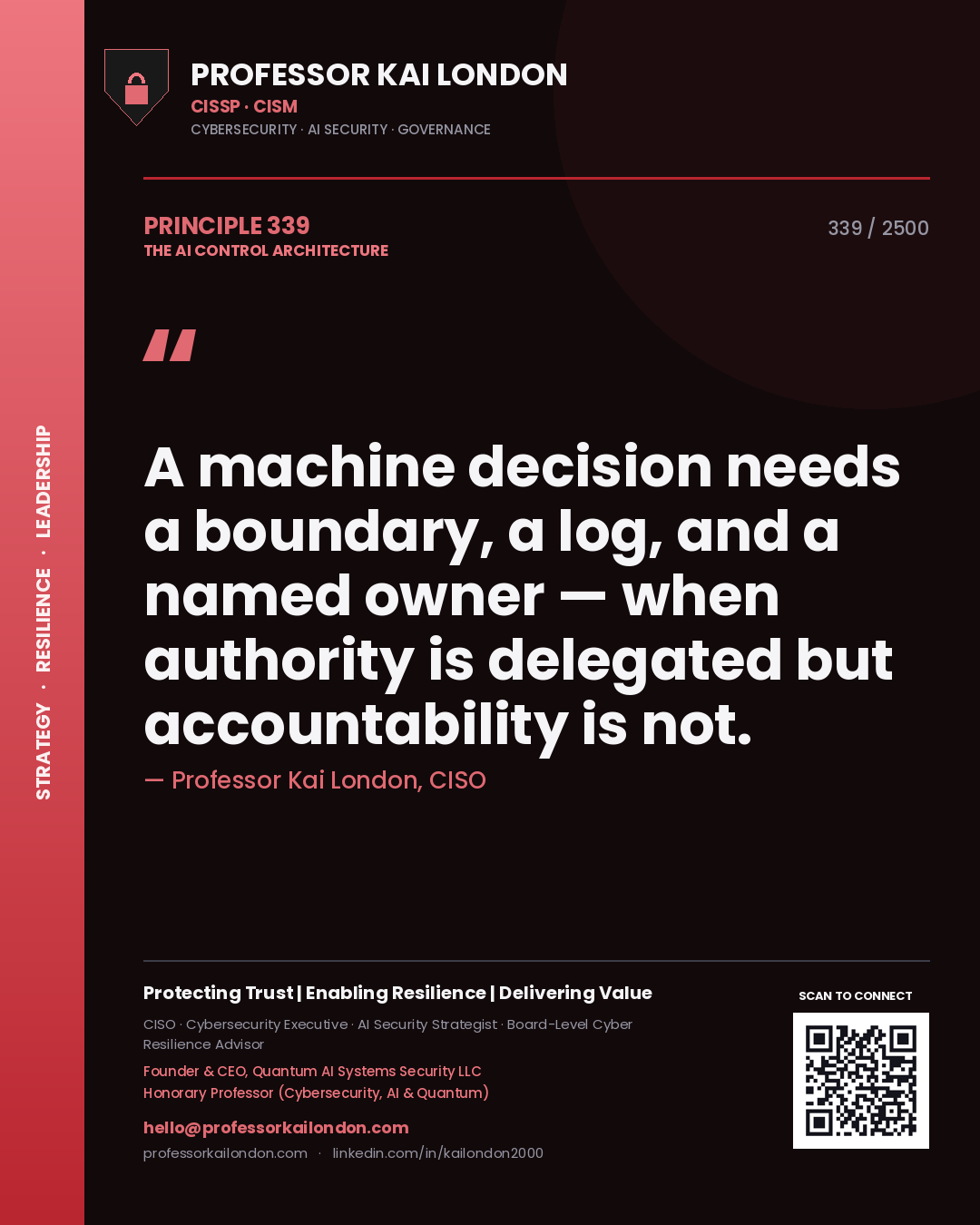 Professor Kai London principle 339: A machine decision needs a boundary, a log, and a named owner — when authority is delegated but accountability is not.
