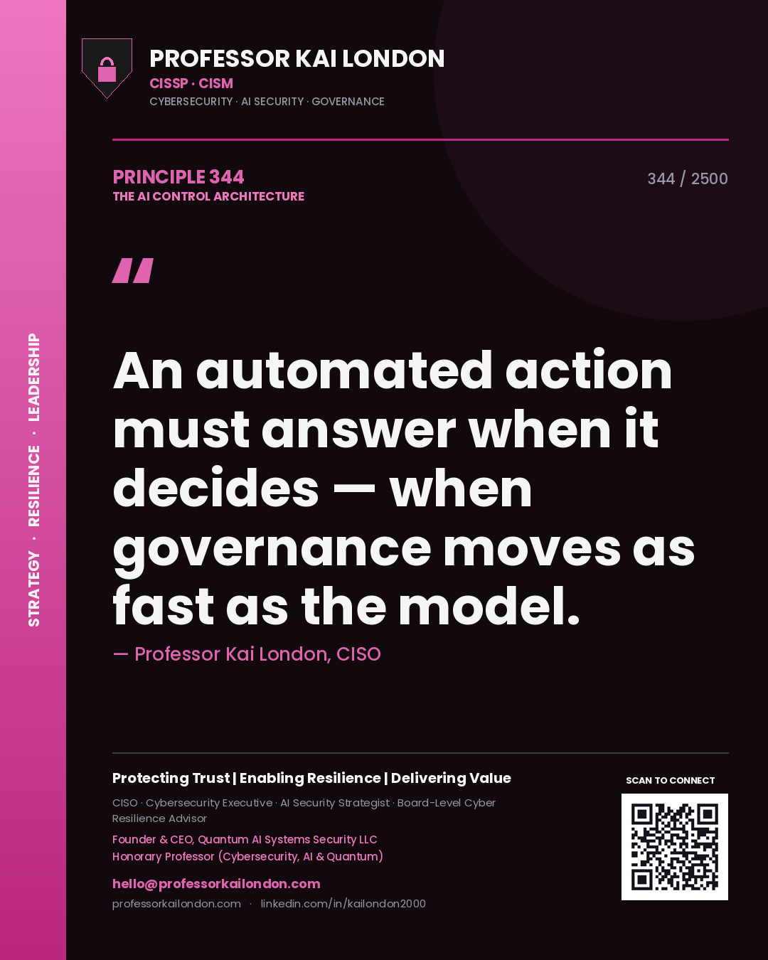 Professor Kai London principle 344: An automated action must answer when it decides — when governance moves as fast as the model.