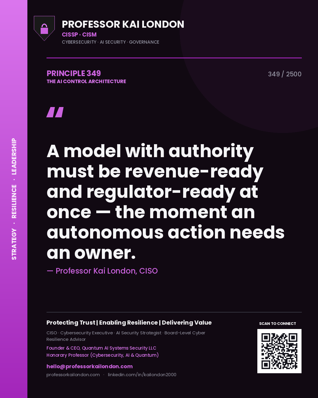 Professor Kai London principle 349: A model with authority must be revenue-ready and regulator-ready at once — the moment an autonomous action needs an owner.