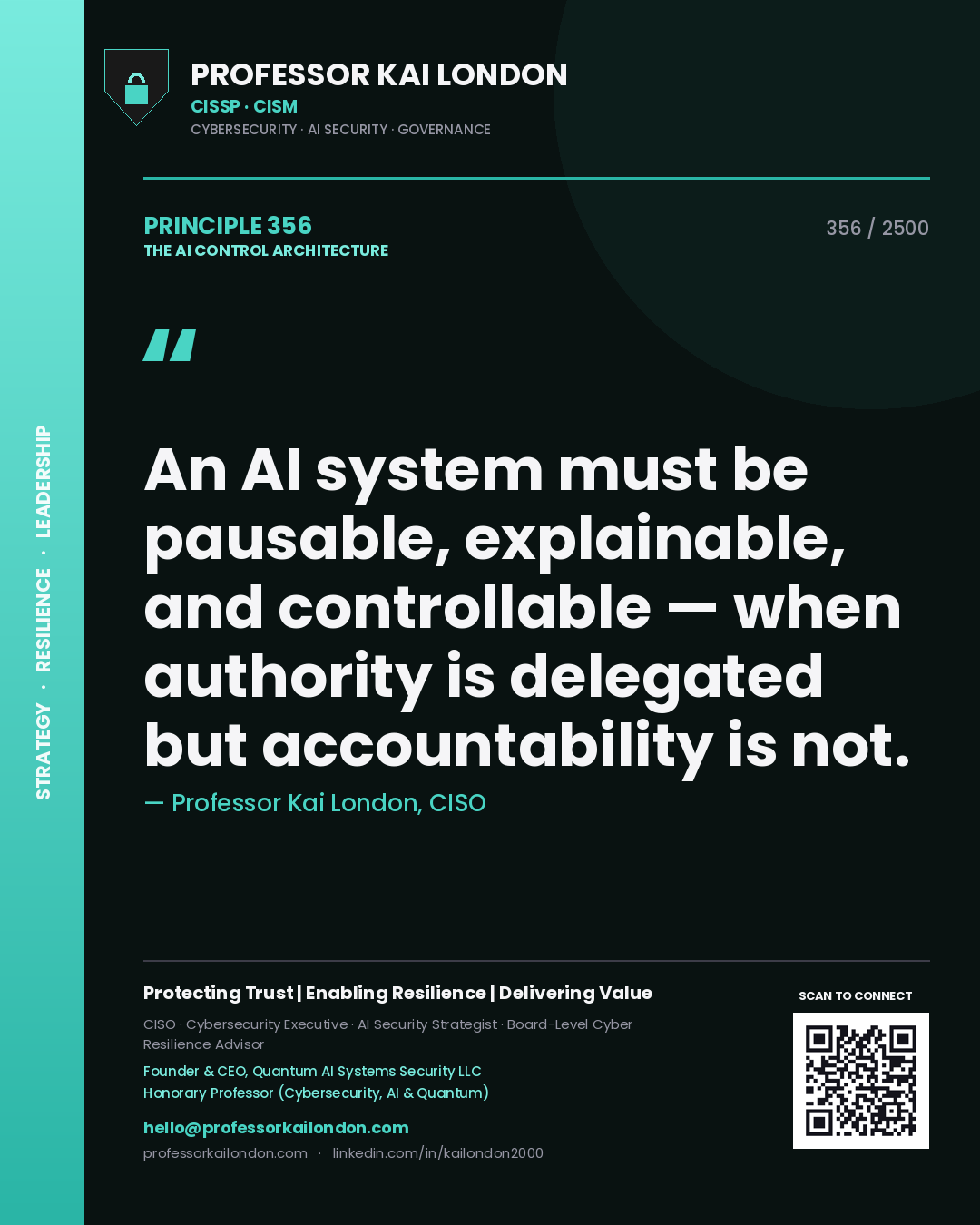 Professor Kai London principle 356: An AI system must be pausable, explainable, and controllable — when authority is delegated but accountability is not.