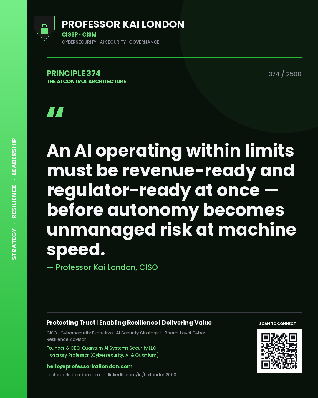Professor Kai London principle 374: An AI operating within limits must be revenue-ready and regulator-ready at once — before autonomy becomes unmanaged risk at machine speed.