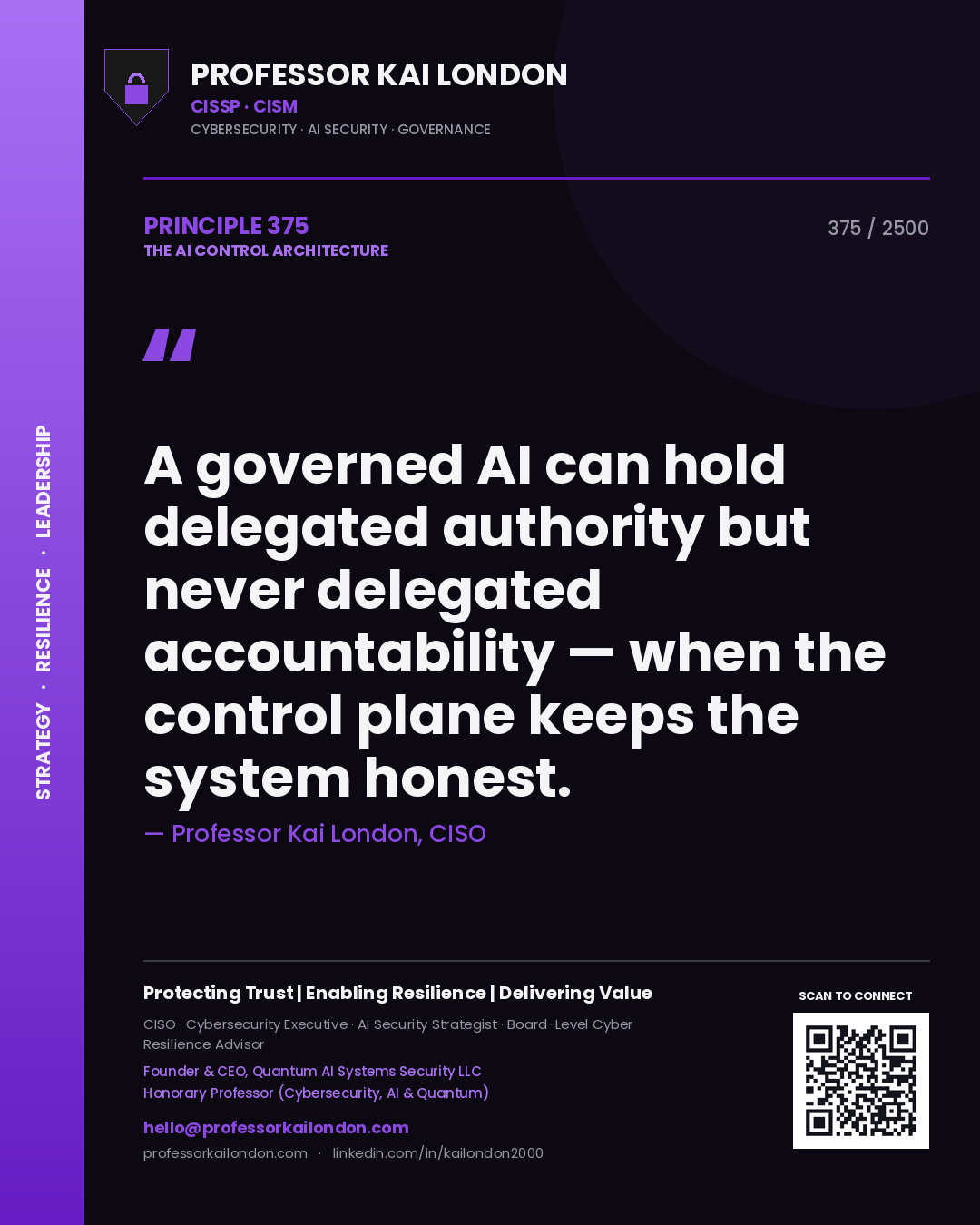 Professor Kai London principle 375: A governed AI can hold delegated authority but never delegated accountability — when the control plane keeps the system honest.