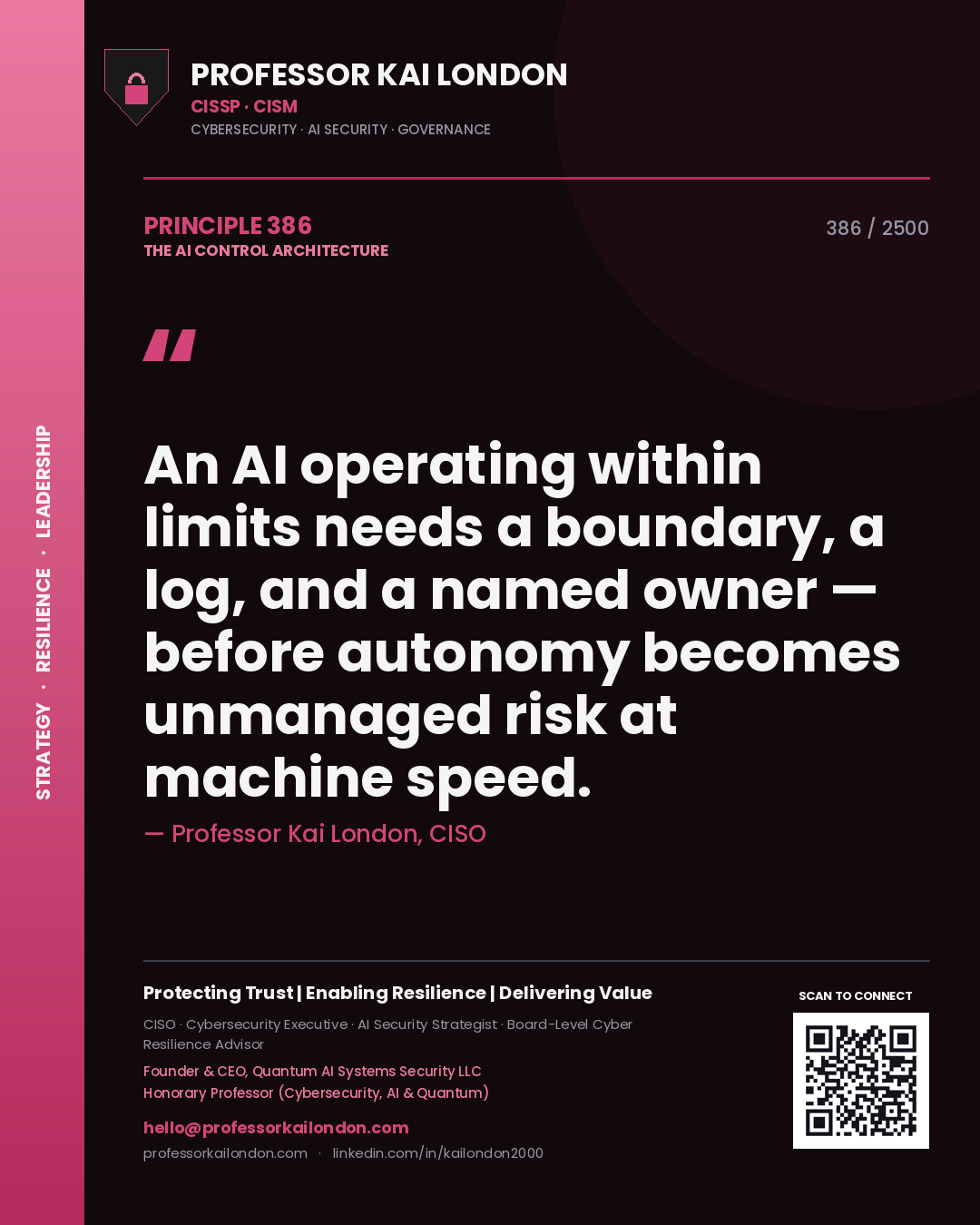 Professor Kai London principle 386: An AI operating within limits needs a boundary, a log, and a named owner — before autonomy becomes unmanaged risk at machine speed.