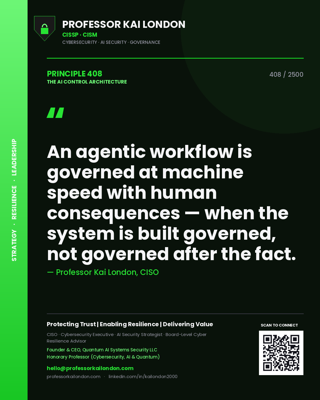 Professor Kai London principle 408: An agentic workflow is governed at machine speed with human consequences — when the system is built governed, not governed after the fact.
