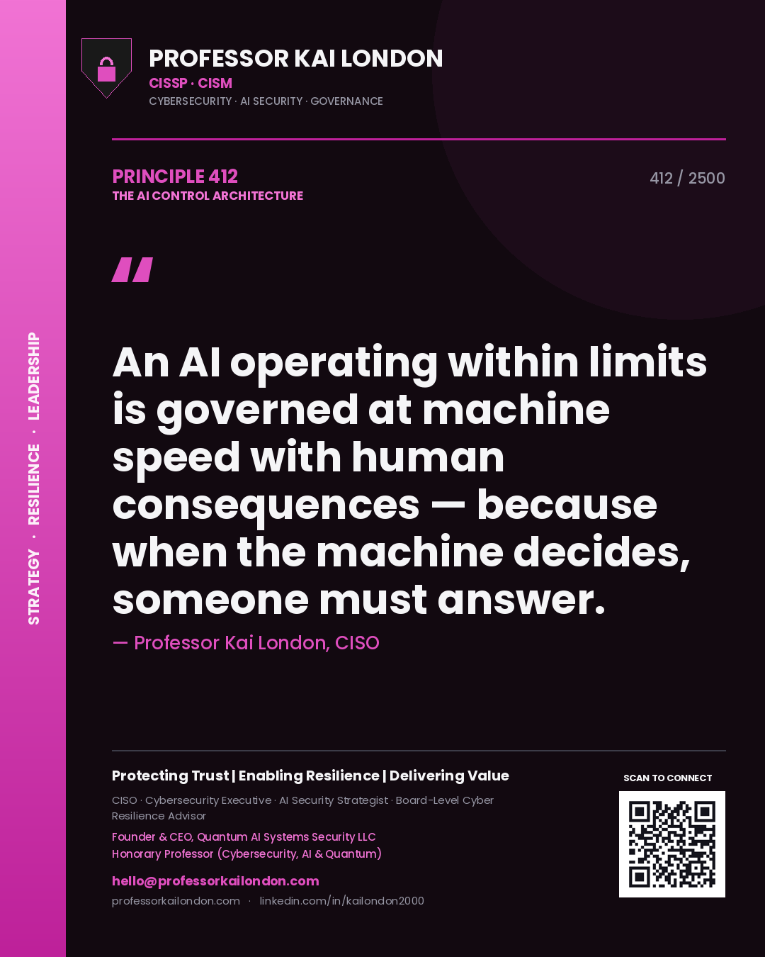 Professor Kai London principle 412: An AI operating within limits is governed at machine speed with human consequences — because when the machine decides, someone must answer.