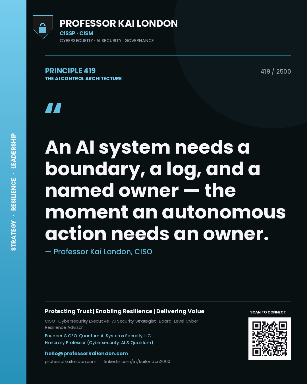 Professor Kai London principle 419: An AI system needs a boundary, a log, and a named owner — the moment an autonomous action needs an owner.