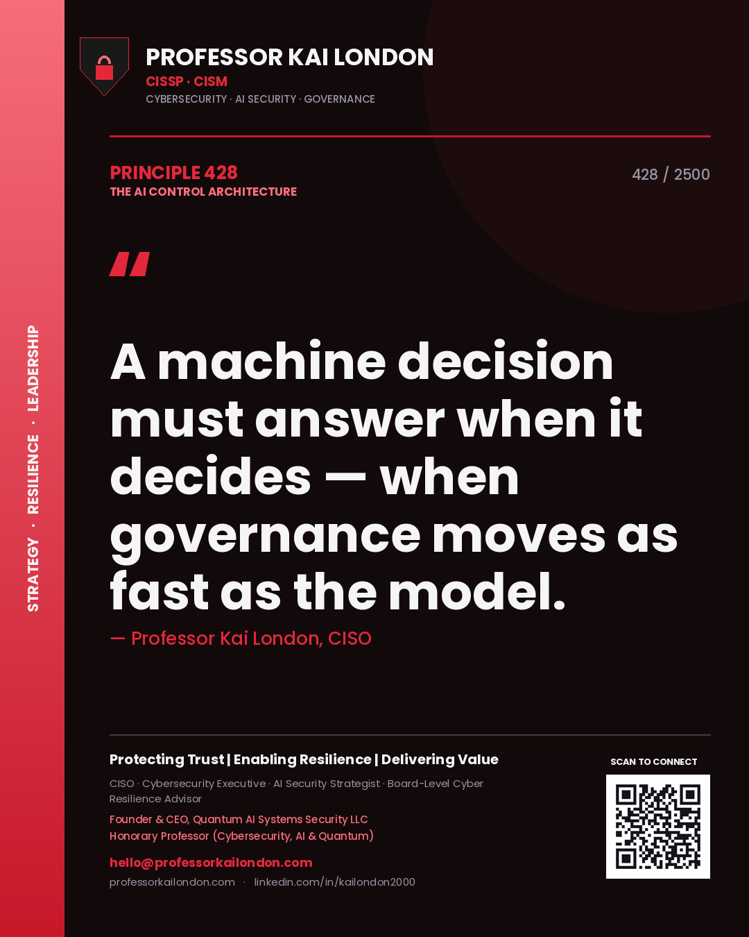 Professor Kai London principle 428: A machine decision must answer when it decides — when governance moves as fast as the model.