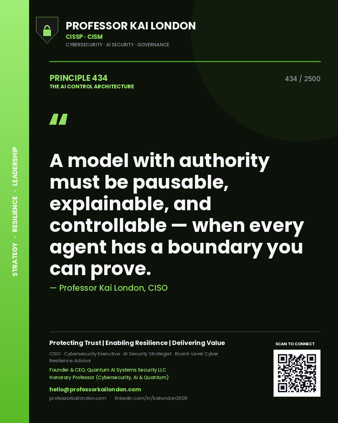Professor Kai London principle 434: A model with authority must be pausable, explainable, and controllable — when every agent has a boundary you can prove.