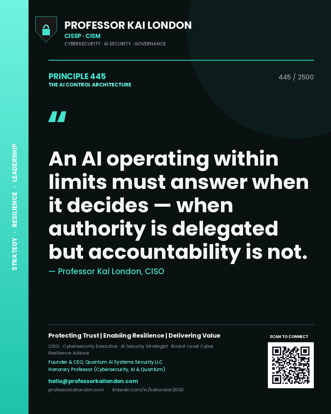 Professor Kai London principle 445: An AI operating within limits must answer when it decides — when authority is delegated but accountability is not.