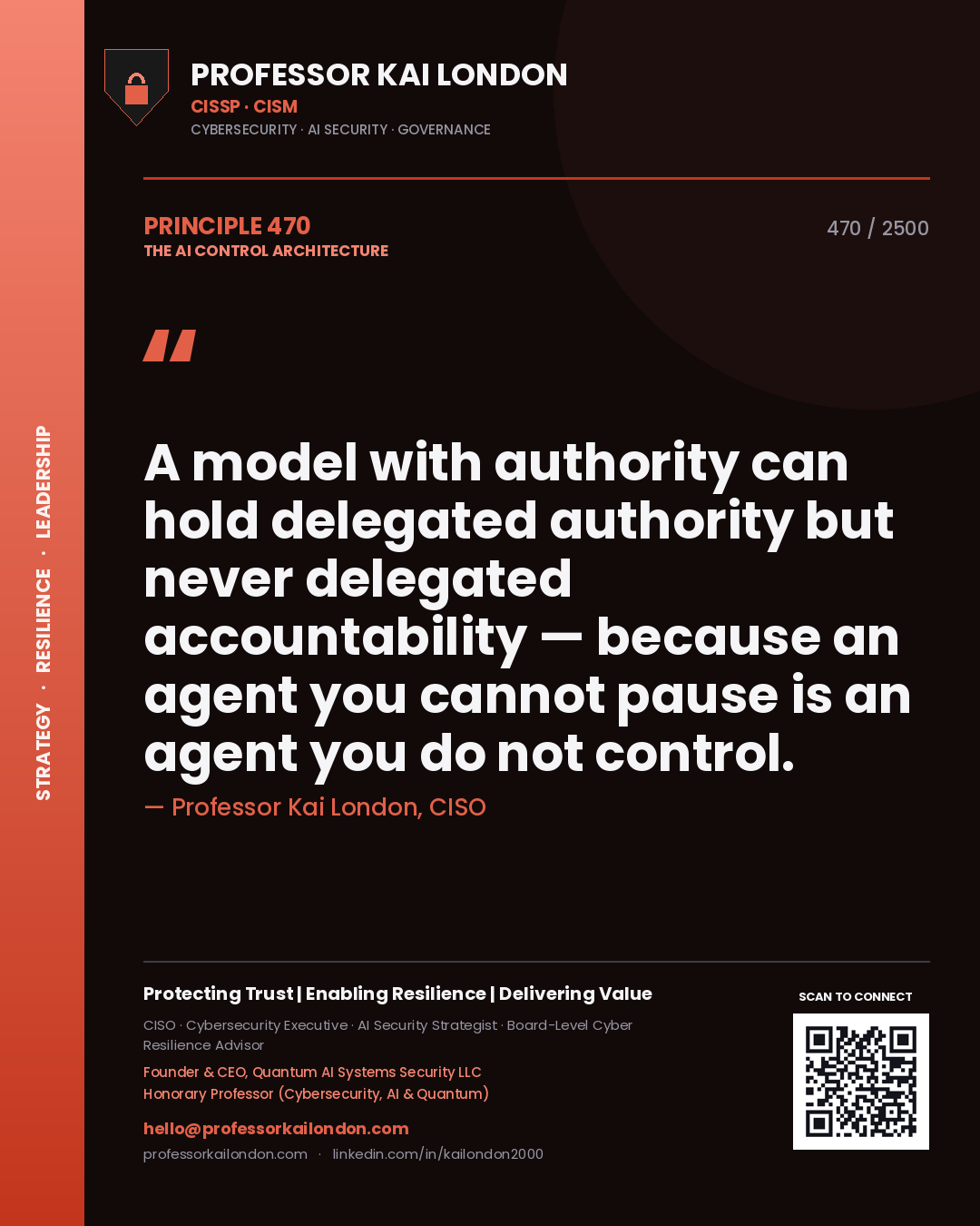 Professor Kai London principle 470: A model with authority can hold delegated authority but never delegated accountability — because an agent you cannot pause is an agent you do not control.