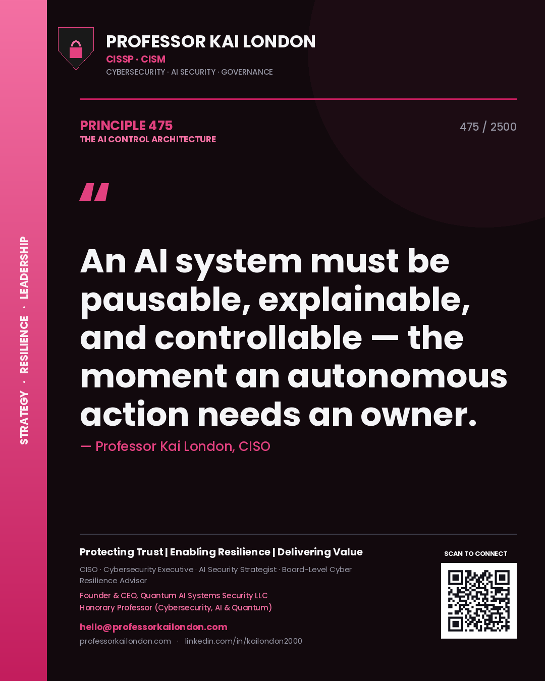 Professor Kai London principle 475: An AI system must be pausable, explainable, and controllable — the moment an autonomous action needs an owner.