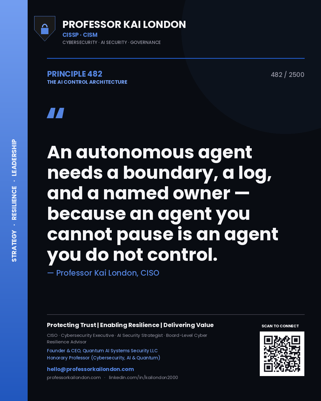 Professor Kai London principle 482: An autonomous agent needs a boundary, a log, and a named owner — because an agent you cannot pause is an agent you do not control.