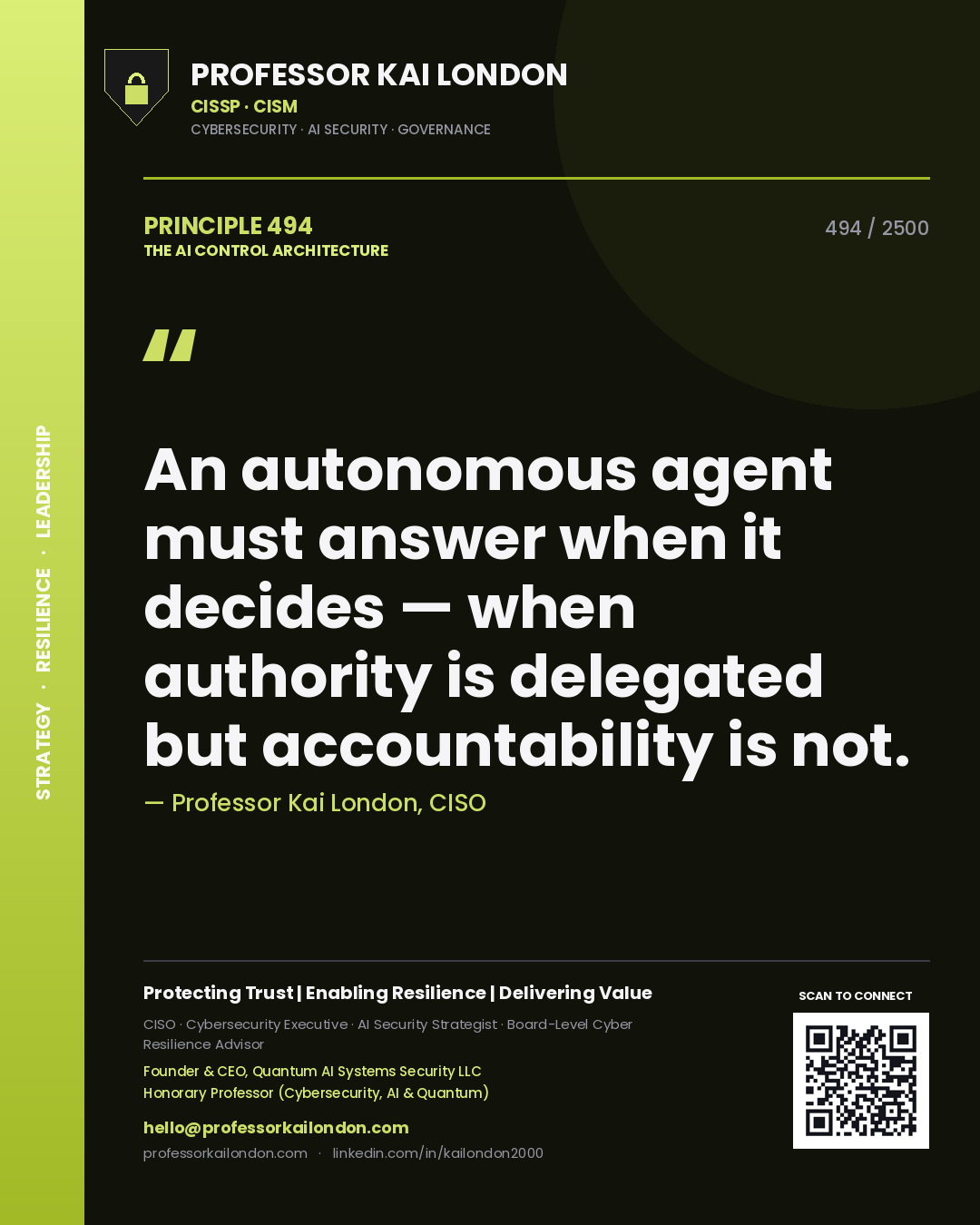 Professor Kai London principle 494: An autonomous agent must answer when it decides — when authority is delegated but accountability is not.