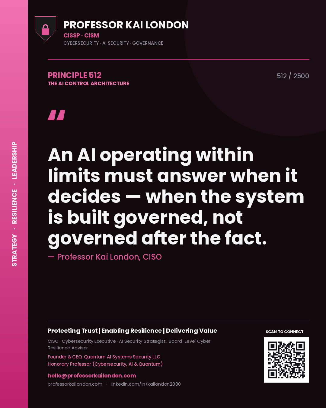 Professor Kai London principle 512: An AI operating within limits must answer when it decides — when the system is built governed, not governed after the fact.
