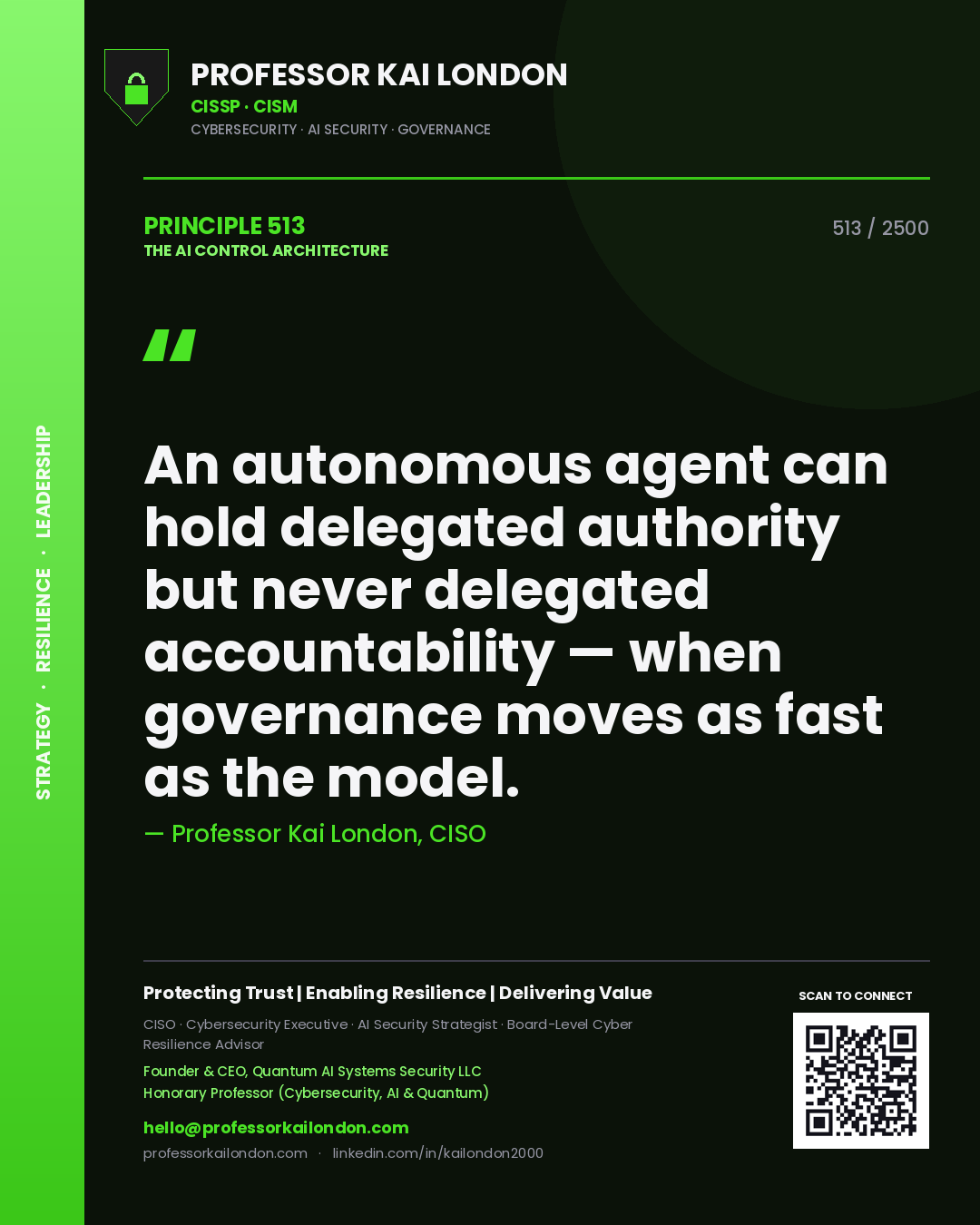 Professor Kai London principle 513: An autonomous agent can hold delegated authority but never delegated accountability — when governance moves as fast as the model.