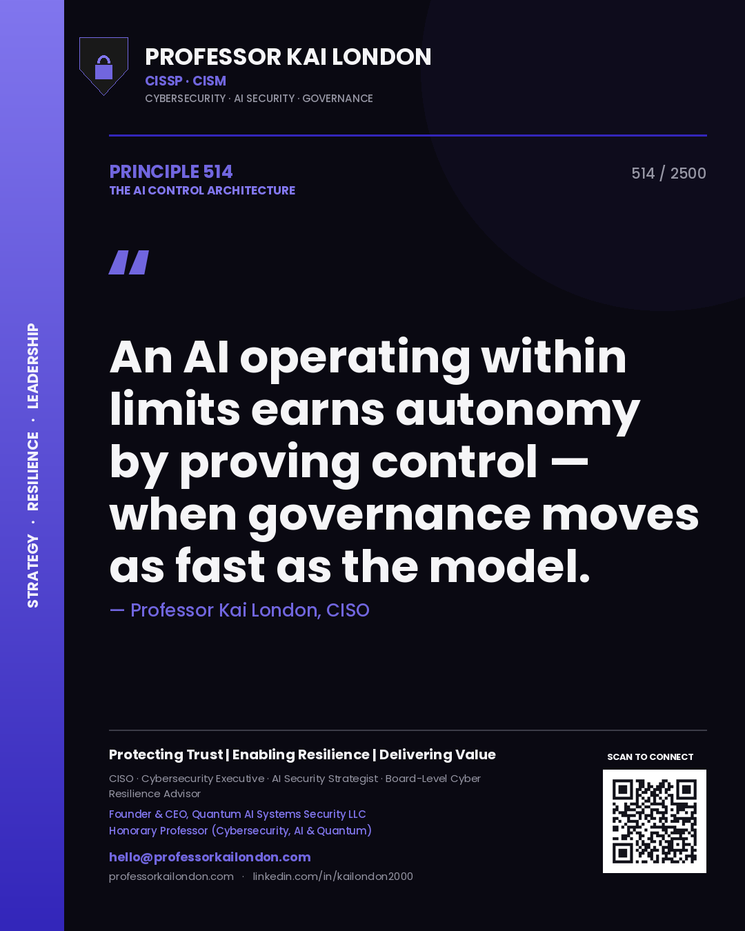 Professor Kai London principle 514: An AI operating within limits earns autonomy by proving control — when governance moves as fast as the model.