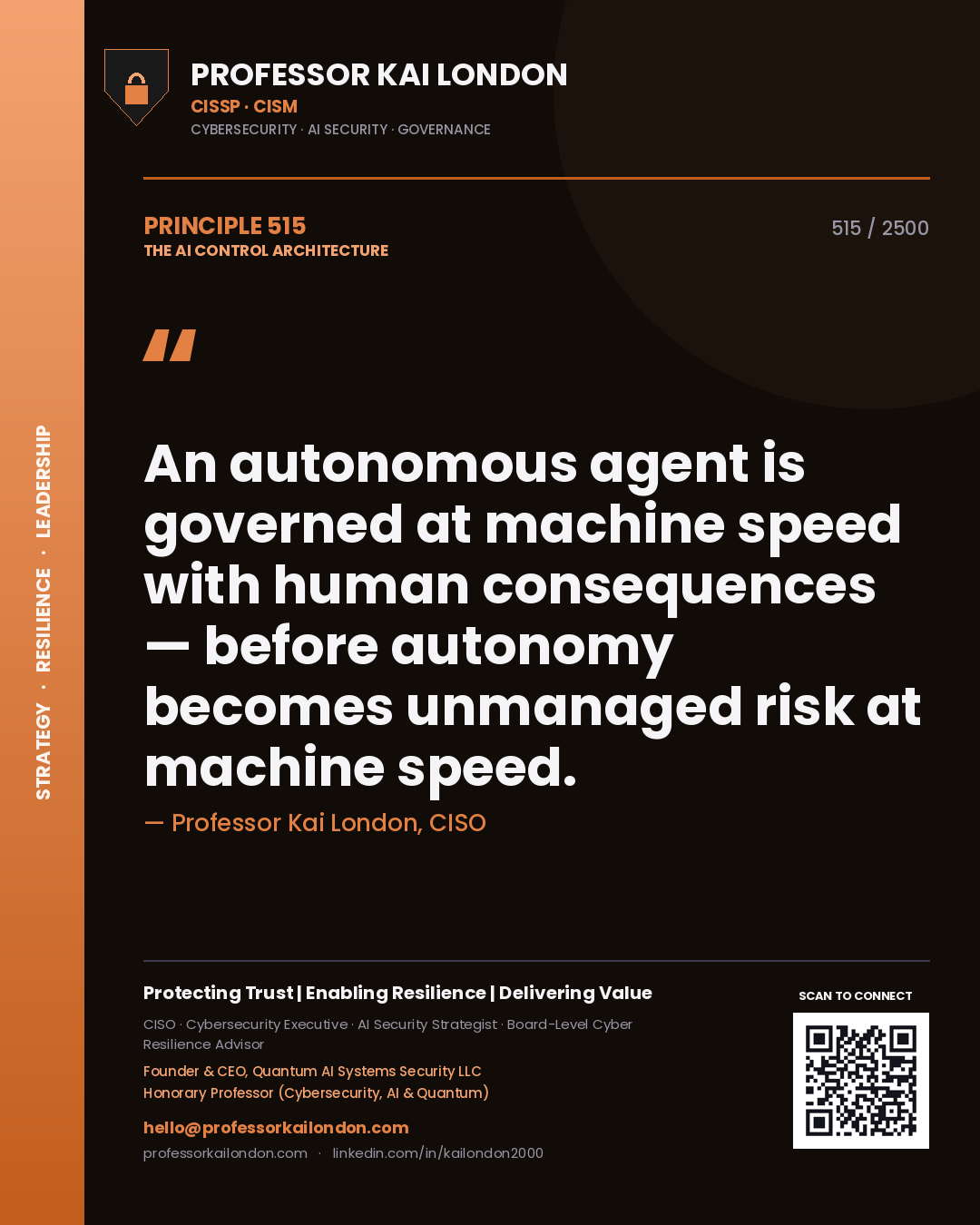 Professor Kai London principle 515: An autonomous agent is governed at machine speed with human consequences — before autonomy becomes unmanaged risk at machine speed.