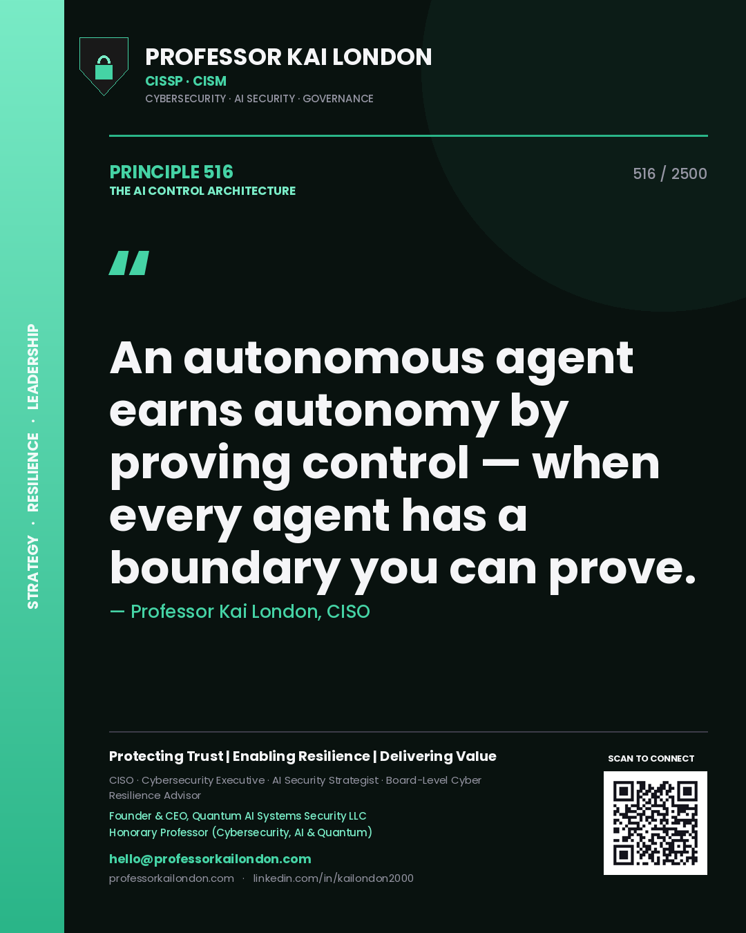 Professor Kai London principle 516: An autonomous agent earns autonomy by proving control — when every agent has a boundary you can prove.