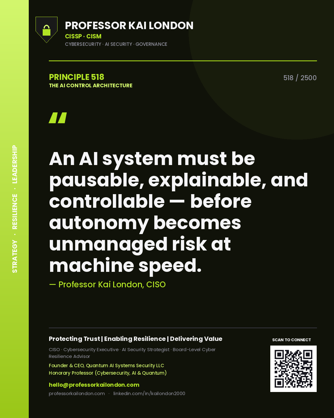 Professor Kai London principle 518: An AI system must be pausable, explainable, and controllable — before autonomy becomes unmanaged risk at machine speed.